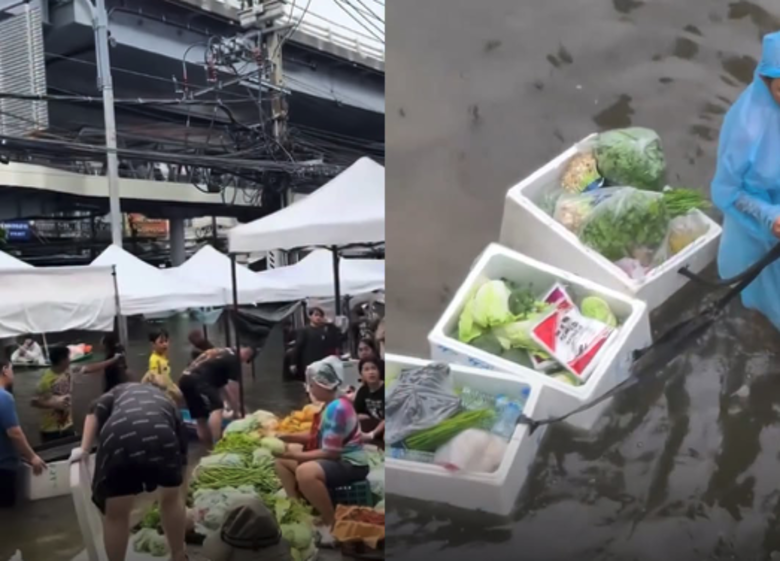 曼谷淹水街道變身臨時水上市場　居民涉水採買維持日常